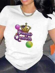 Camiseta de mujer para la noche de bingo en casa, de manga corta, hecha de tela duradera y cómoda con un diseño de corona, diseñada para actividades y fiestas en interiores, una blusa de mujer elegante y ligera. - Blanco - Ver 1