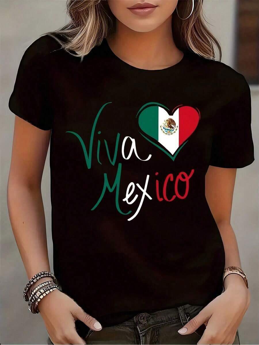 Camiseta de manga corta con cuello redondo y estampado de la bandera de Viva México para mujer, ideal para uso casual y celebraciones culturales, perfecta para el Cinco de Mayo. Tela cómoda, adecuada para regalar. 220g playeras de mujer - Negro - Ver 1