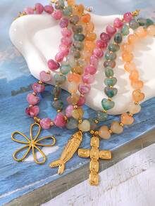 1pc Bohemian, Nautical, Girly Y2K Style Fashion: Elegant, Exquisite, Charming Light Luxury Sweet Stainless Steel Ocean Fish/Flower/Cross Heart Glass Bead Pendant Necklace, Suitable For Women, Sisters, Couples, Prom Or Graduation Gifts; Perfect For Valentine's Day, Daily Dates, Banquets, Parties, Holidays, Summer, Beach, Gifting, Vacation Wear Colorful Jewelry (Bead Color Random) - Multicolor - View 2