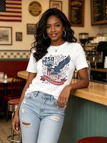 Camisetas Casuales para Mujer, Camiseta de Cuello Redondo para Mujer con Diseño Patriótico de Fuegos Artificiales del Semiquincentenario de 250 Años (1776) para Celebración del Día de la Independencia, Estilo Y2K, Camisetas de Moda de Verano, Conjuntos y Tops Casuales de Streetwear - Blanco - Ver 3