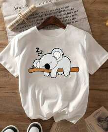 Camiseta Casual de Manga Corta con Cuello Redondo para Mujer - Estampado de Koala Durmiendo, Transpirable, para Primavera y Verano, Lavable a Máquina, Corte Regular, Ajuste Delgado y Cómodo, Tela Suave, Transpirable y Confortable - Blanco - Ver 11
