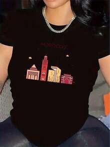 Camiseta de talla grande para mujer con diseño marroquí|Ideal para uso casual en el comedor, duradera y ligera, ajuste cómodo para uso diario, camiseta gráfica elegante para hombres y mujeres, material de tela suave, cuello redondo, elasticidad media, corte holgado, transpirable, ligera, casual, estilo Y2K, ropa urbana, boho, vintage, minimalista, estilo rústico, athleisure, verano, transpirable y cómoda. - Negro - Ver 1