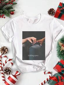 Camiseta con estampado de meme antigravedad, de manga corta y cuello redondo, estilo casual para verano y primavera, ropa de mujer. - Blanco - Ver 1