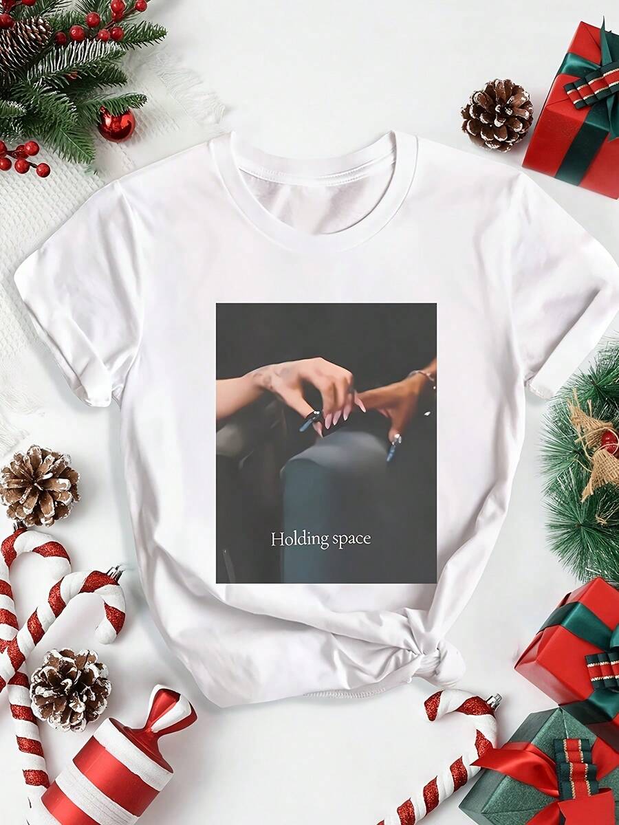 Camiseta con estampado de meme antigravedad, de manga corta y cuello redondo, estilo casual para verano y primavera, ropa de mujer. - Blanco - Ver 1