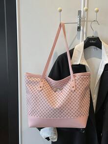 1pc Pink Vintage Floral PU Tote Bag For Women, Large Capacity With Metal Bowknot Rivet Decor, Summer New Arrival - Pink - View 2
