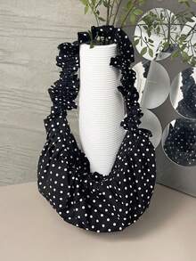 2026 New Korean & Japanese Style INS Versatile Pleated Polka Dot Ruffle Drawstring Dumpling Bag, Suitable For Commuting, School, And Casual Outings - Black - View 4