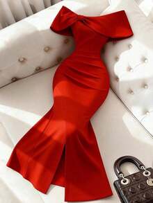 YHHFranclia Vestido largo de verano elegante y de moda con hombros descubiertos, abertura alta, frente plisado sexy, adecuado para fiestas de San Valentín, vestido rojo ajustado, hombros con lazo, vestido con abertura elegante, minimalista y con estilo, para verano, vacaciones, fiestas, playa, oficina y uso diario versátilYHH - Negro - Ver 6