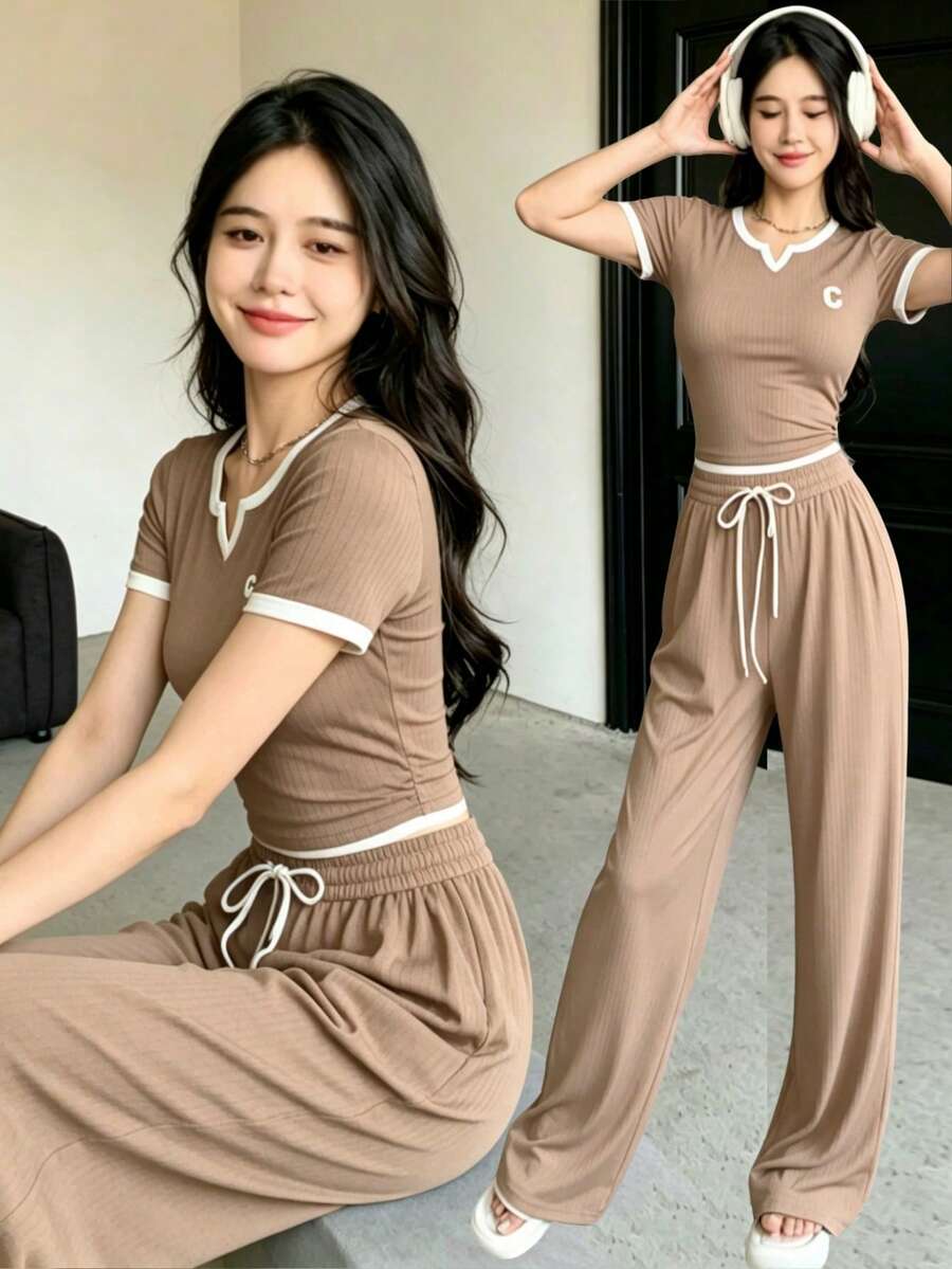 el mejor regalo para el Día de la Madre:Conjunto deportivo de manga corta con cuello redondo y pantalón largo,Conjunto de 2 piezas para mujer: Top de manga corta y pantalón de unicolor minimalista, conjunto casual - Caqui - Ver 1
