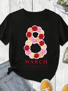 Elegant And Casual Women's Short Sleeve, Women's Day T-Shirt March 8 Roses Print White Casual Wear Spring Summer - 黑色 - 查看 3