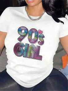Women's Retro 90s Print T-Shirt In Neon And Rainbow Colors - Vintage 90s Top With Numbers And Letters From 90, Lightweight Polyester, Ideal For Casual Parties, 90s Theme Events, Casual Wear (Machine Washable) - 白色 - 查看 1
