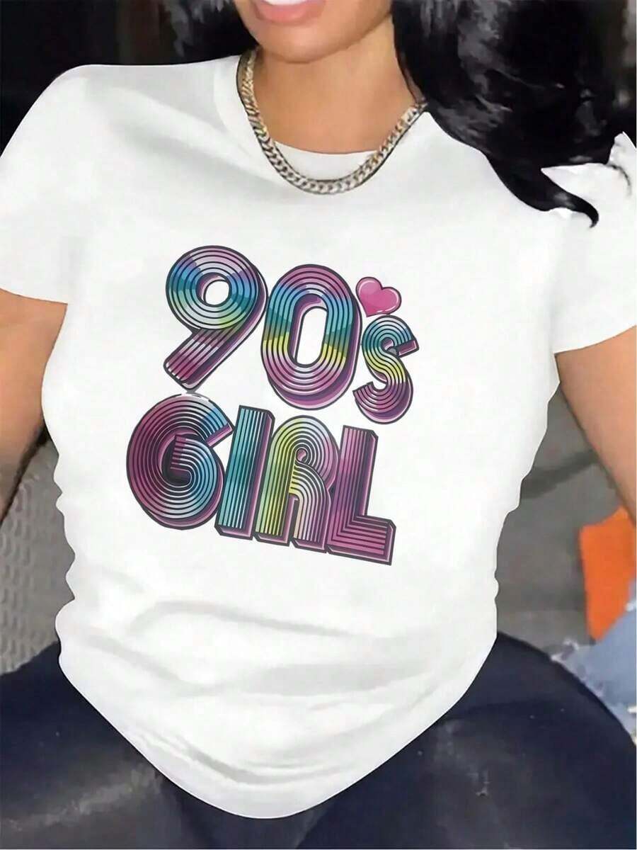 Women's Retro 90s Print T-Shirt In Neon And Rainbow Colors - Vintage 90s Top With Numbers And Letters From 90, Lightweight Polyester, Ideal For Casual Parties, 90s Theme Events, Casual Wear (Machine Washable) - 白色 - 查看 1