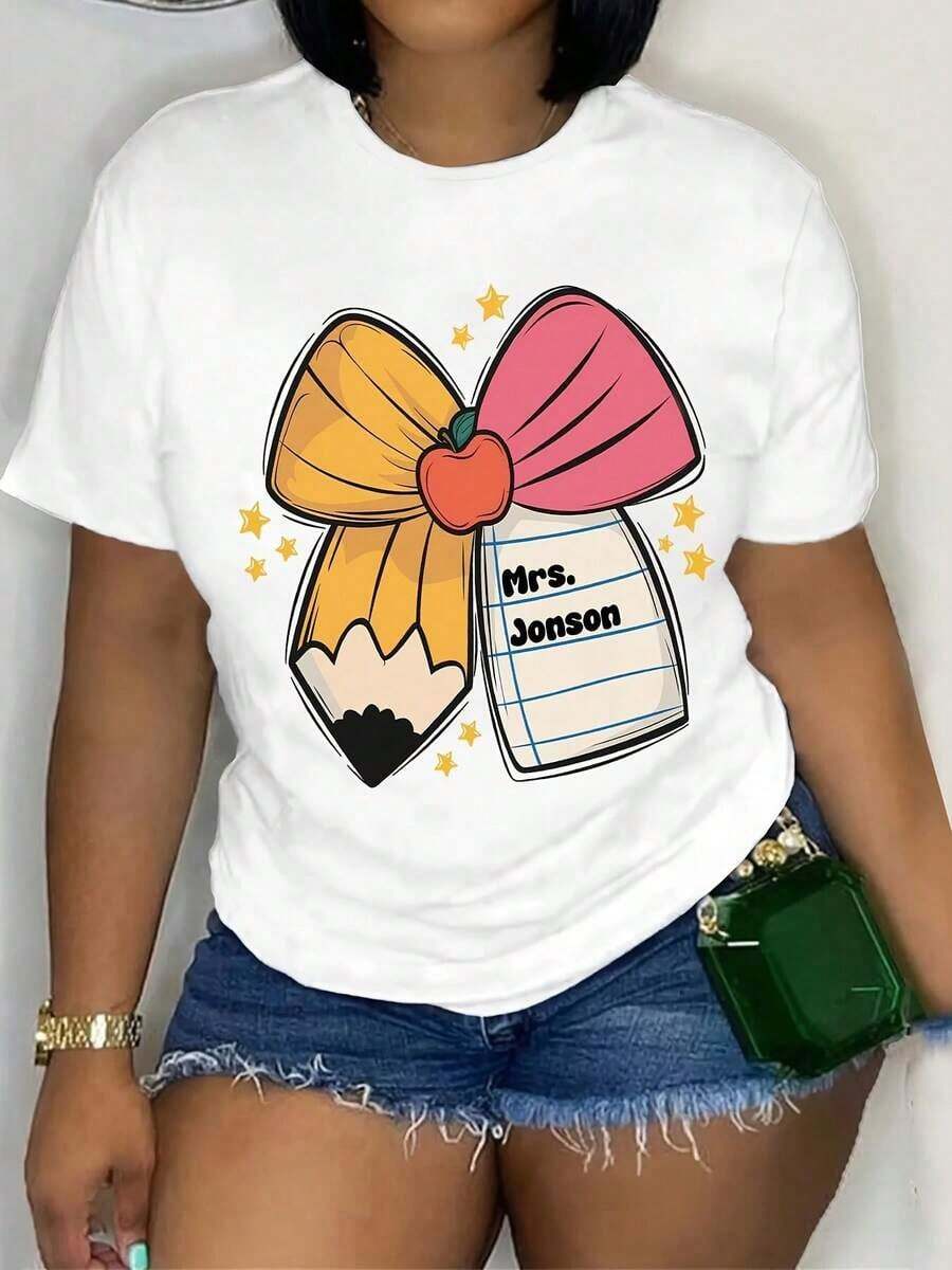 Fashionable Women's Short Sleeve T-Shirt, Soft And Breathable, 100% Cotton - Graphic Print With Teacher Theme, Casual Crew Neck Top For Back To School Season, Versatile T-Shirt For Educators And Mothers, Teacher T-Shirt. - 白色 - 查看 1