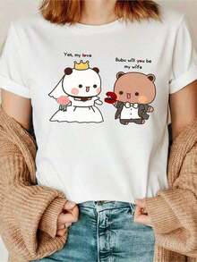 Fashionable Women's Casual Short Sleeve Crew Neck T-Shirt With Cartoon Bear Graphic Print, Boyfriend/Girlfriend, Lightweight, Breathable, Machine Washable, Spring/Summer Casual Wear, Funny Boyfriend/Girlfriend Print T-Shirts, Wedding Theme Print, All Season Fabric, Summer Clothes For Women, Cute, Printed. - 白色 - 查看 1