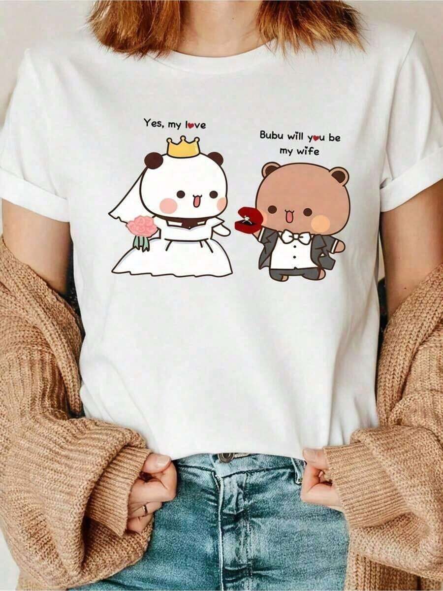 Fashionable Women's Casual Short Sleeve Crew Neck T-Shirt With Cartoon Bear Graphic Print, Boyfriend/Girlfriend, Lightweight, Breathable, Machine Washable, Spring/Summer Casual Wear, Funny Boyfriend/Girlfriend Print T-Shirts, Wedding Theme Print, All Season Fabric, Summer Clothes For Women, Cute, Printed. - 白色 - 查看 1