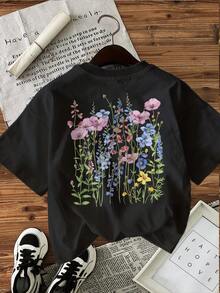 Camiseta de edición limitada con estampado gráfico, manga corta, cuello redondo, top casual para verano y primavera, ropa de mujer, algodón ligero. - Negro - Ver 4