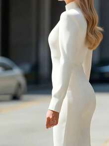 Elegant Dress With High Neck, Long Sleeves, 2026, Fitted Cut Ideal For Office And Parties - 白色 - 查看 2