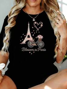 Camiseta Blossom In Paris con diseño de la Torre Eiffel y bicicleta para mujer, top casual de moda de 180g, para ocio en casa, al aire libre, regalo para el Día de San Valentín o fiesta. - Negro - Ver 7