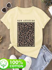 Edición Limitada, Camiseta de Mujer con Estampado de Leopardo, Moda Primavera/Verano, Ropa Casual para Salidas, Diseño Suave y Cómodo, Algodón Ligero - Albaricoque - Ver 4