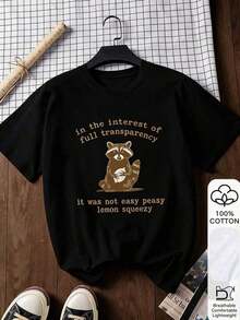 Women's Loose Fit T-Shirt, Raccoon Letter Print, 100% Cotton White Short Sleeve Graphic Design T-Shirt, Casual Crew Neck Short Sleeve T-Shirt, Breathable And Comfortable, Available In Various Sizes, Perfect For Christmas Gifts - 黑色 - 查看 11