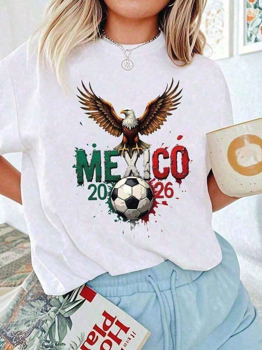 Break The SystemCamiseta con estampado de águila de México 2026, temática del Mundial de Fútbol, Corte holgado, mangas cortas, estilo deportivo casual. Nueva camiseta elegante, ideal para el verano. Camiseta de cuello redondo y corte holgado. Camiseta de la Copa del Mundo. Camiseta fresca de verano, estilo unisex. - Blanco - Ver 1