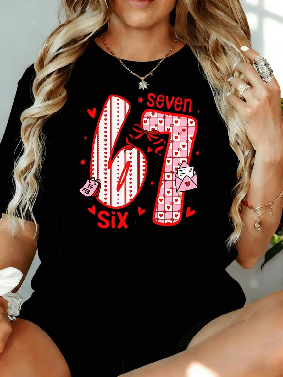 Women's 67 Seven Six Heart Print T-Shirt For Valentine's Day, Casual Loose Fit, White Blouse With Red Love Theme Design, 180g, For Home Leisure, Outdoors, Valentine's Day Party Gift - 黑色 - 查看 1