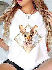 Camiseta Casual Esencial para Mujer con Estampado de Gato, Poliéster Suave, Cuello Redondo, Manga Corta, Cómoda para Todas las Temporadas, Algodón Suave para Uso Diario en Verano - Blanco - Ver 12