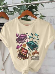 Women's Regular Fit Black Printed T-Shirt With The Design "I'm Not Perfect, But My Kindle Is" - Casual Short Sleeve Round Neck T-Shirt, Suitable For Spring And Summer, A Perfect Choice For Book Lovers, Women's T-Shirt For Casual Everyday Wear In The Summer. - 杏色 - 查看 12