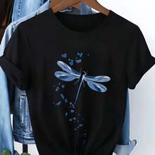 Camiseta de Manga Corta para Mujer con Estampado de Libélulas y Flores, Versátil, Fácil de Cuidar, Estilo Casual a la Moda, Adecuada para Uso Diario - Negro - Ver 10