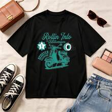 Retro Scooter Design, 100% Cotton, Oversized Soft Breathable Casual Crewneck, Short Sleeve Top, Y2K Aesthetic Summer Vibes Streetwear - Negro - Ver 1