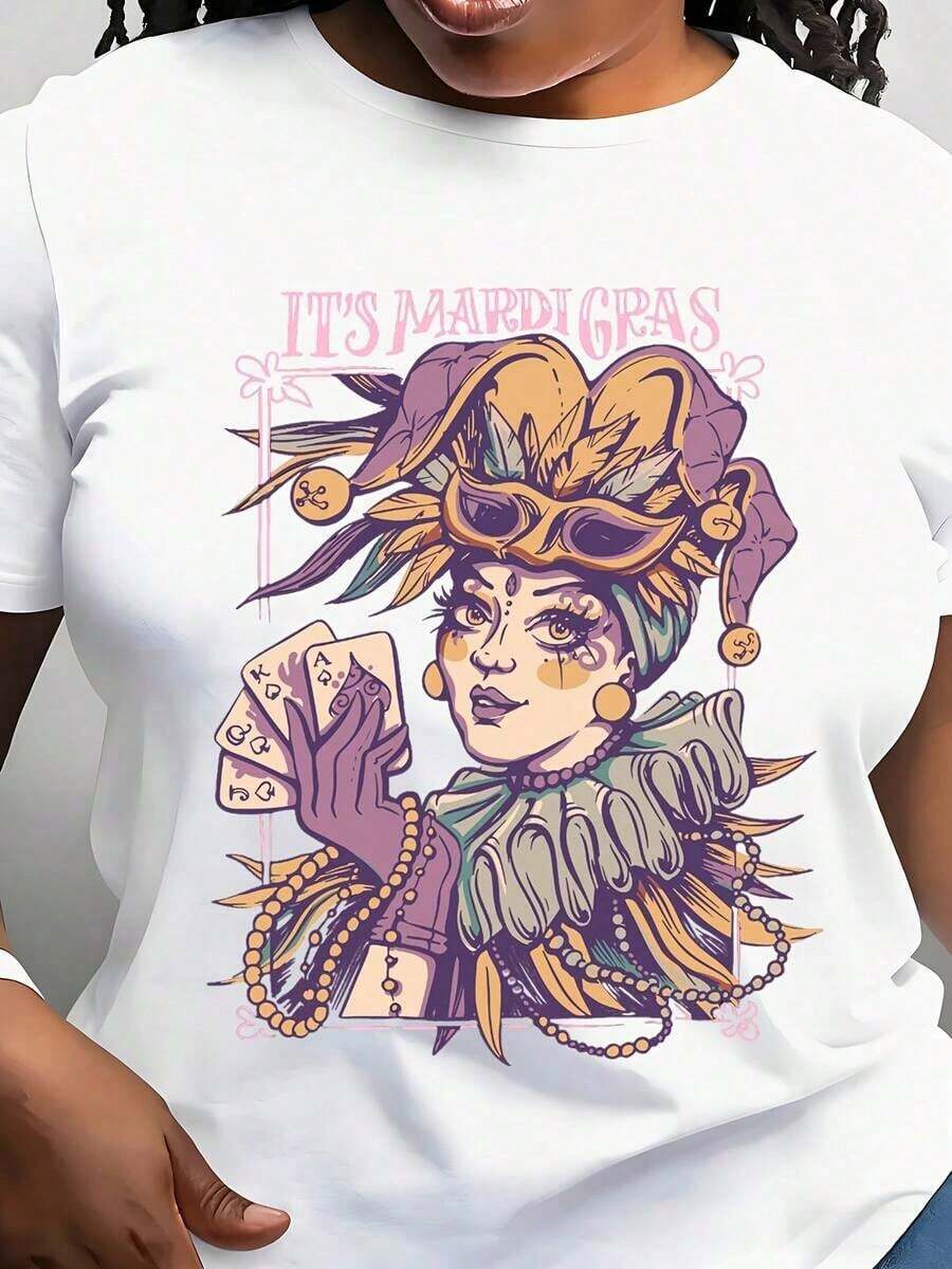 Camiseta de Mujer con Diseño de Mujer con Máscara y Cartas de Mardi Gras, Arte Festivo Vibrante Celebrando el Espíritu del Carnaval, Estampado Gráfico Colorido para la Temporada de Fiestas, Camiseta para el Martes Grueso, Regalos de Mardi Gras, Camiseta para Fiesta de Carnaval de Mardi Gras - Blanco - Ver 1