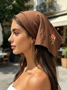 1pc New Retro Solid Color Rose Pattern Triangular Scarf Headband Hair Accessory, Elegant And Versatile, Classic, Suitable For Daily Outings And Party Wear, Women's Headband Hair Accessory Vacay Bandanas - Multicolor - View 2