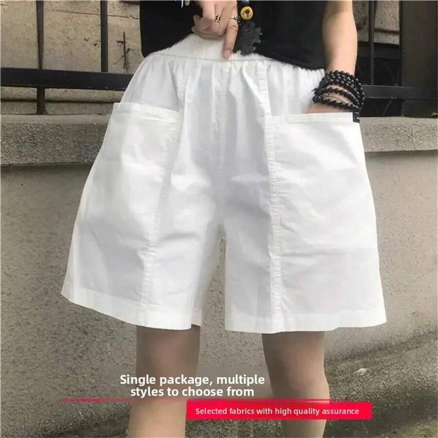 Ropa de trabajo de algodón para mujer, pantalones cortos holgados de cintura alta, pantalones informales de pierna ancha de cinco cuartos, prendas de vestir exteriores de moda de verano - Blanco [B003 paquete individual] - Ver 1