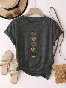 T-Shirt With An Artistic Heart Print Featuring Multiple Designs. Modern And Breathable, Suitable For Family Trips, College Activities, Casual Sports, Daily Commutes, Matching Sister Outfits-A Versatile Tee. E89T - 深灰色 - 查看 4