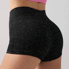 Pantalones cortos de Yoga de cintura alta para mujer, pantalones cortos ajustados de alambre plateado para gimnasio, ejercicio, mallas sexis para realzar la cadera, pantalones de Yoga de tres puntos a la moda - Azul - Ver 2