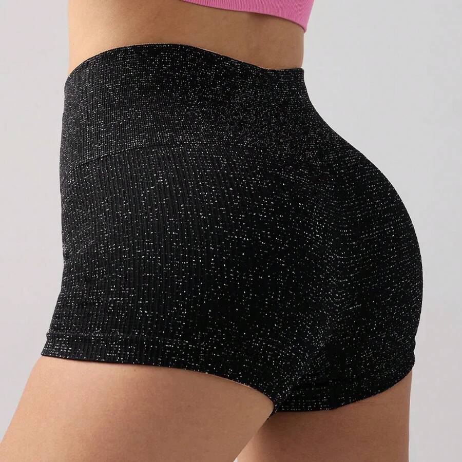Pantalones cortos de Yoga de cintura alta para mujer, pantalones cortos ajustados de alambre plateado para gimnasio, ejercicio, mallas sexis para realzar la cadera, pantalones de Yoga de tres puntos a la moda - Negro - Ver 1