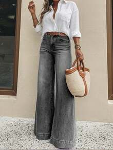 Jeans de pierna ancha holgados con bolsillos cómodos y elásticos para adolescentes - Gris - Ver 3