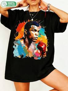 Mikeee Tysonnn Boxing Legend Fanartt T-Shirt, Geometric Polygon Portrait With Red Boxing Glove, Brightly Colored Splash Ink Background, Modern Street Art Style, Unisex, Oversized, 100% Cotton, Crew Neck. - Black - View 6