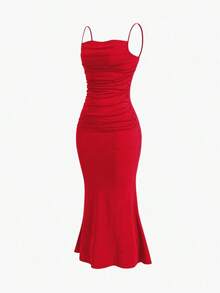 YHHSweetra Vestido casual de vacaciones de unicolor con tirantes de espagueti, fruncido y ajustado, para fiestas de Año Nuevo y vacaciones, vestido largo de terciopelo burdeos para mujerYHH - Rojo - Ver 3
