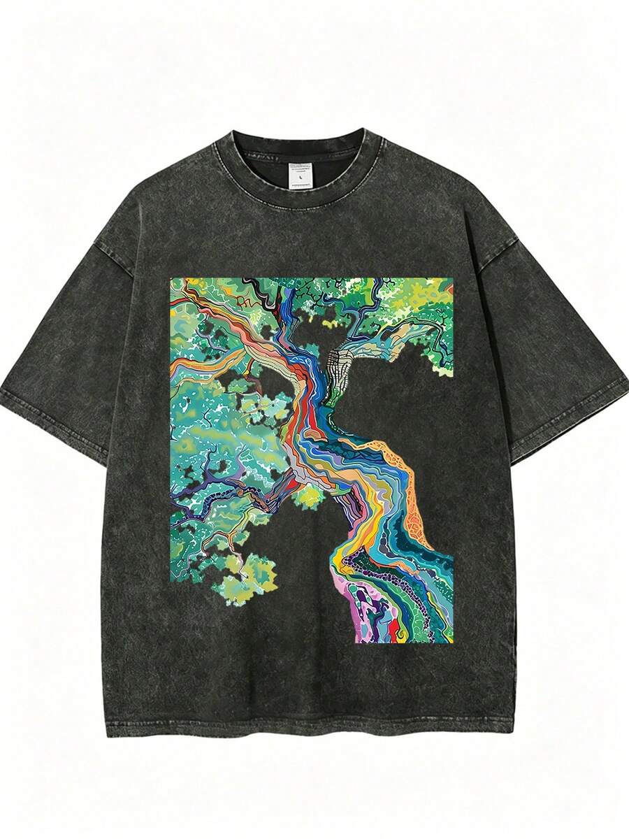 | Exquisite Design | Loose And Comfortable | Easy To Match | 100% Cotton T-Shirt, Printed With A Vibrant And Flowing Design, Suitable For Everyday Wear, A Must-Have For Effortless Outfits, Women's T-Shirt, Comfortable Short Sleeves For Outdoor Vacations And Sports, Perfect Gift, The Best Choice For Holidays. - 黑色 - 查看 1