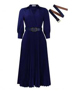 Women Midi Dresses - Dark Blue + Belt - View 4