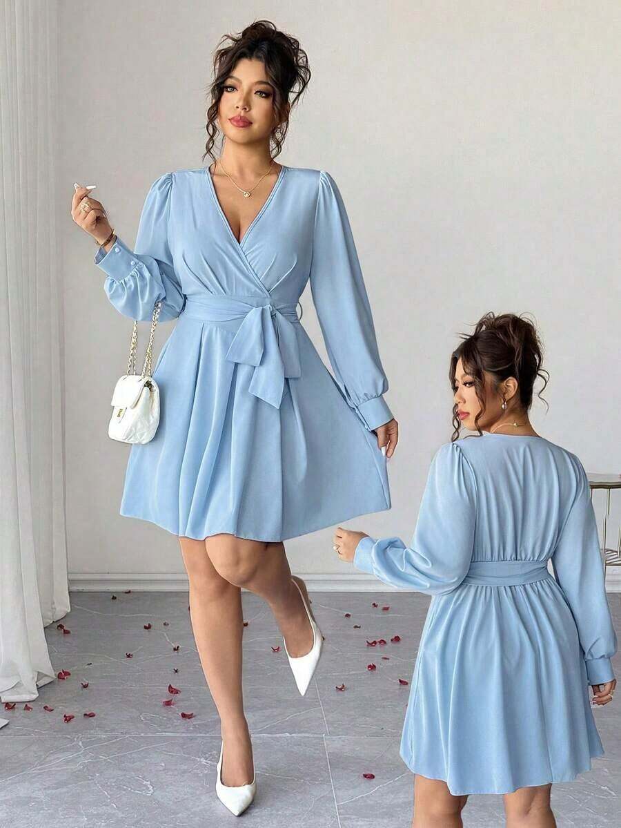 Vestido elegante de manga larga con cuello en V, cintura con lazo y falda acampanada para mujer de talla grande - Azul - Ver 1