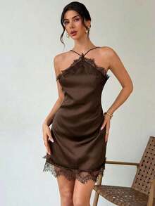 Vestido mini ajustado de satén negro con adorno de encaje, elegante y romántico para citas, festivales de música, fiestas, graduaciones, vacaciones, invitada de boda, vestido de cumpleaños - Marrón - Ver 1