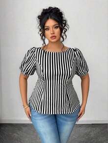Blusa casual de manga corta con lazo y espalda abierta, unicolor, para mujer talla grande, verano - Blanco y Negro - Ver 5