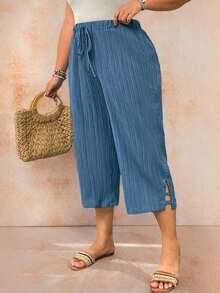 Pantalones capri informales de talla grande de un solo color - Niebla azul 2 - Ver 1