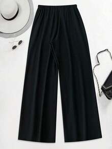 Pantalones anchos y largos sueltos de moda para mujeres de talla grande - Negro - Ver 2