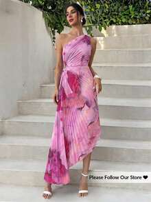 Vestido de mujer nuevo con estampado de teñido anudado asimétrico, cintura hueca, volantes en el bajo y un solo hombro, vestido elegante y romántico para citas y vacaciones, vestido de verano para mujer, tono de color suave, adecuado para atuendo de playa - Rosa Pálido - Ver 12