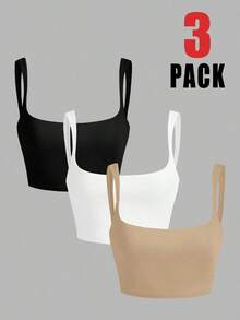 3 piezas Camiseta de tirantes de unicolor y corta para mujeres - Multicolor 8 - Ver 3