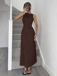 YHHSiren Gaze Vestido de verano sin mangas con lazo en la cintura y estampado de lunares elegante para mujerYHH - Café integral - Ver 4