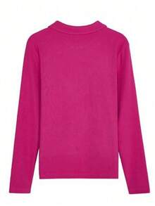 Camiseta casual, versátil, de manga larga y cuello vuelto, de unicolor, para mujer, primavera y verano - Rosa Fucsia - Ver 2