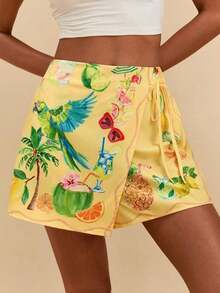 Pantalones Cortos de Playa Estilo Bohemio Casual para Vacaciones con Cintura de Lazo y Volantes para Mujer, Ropa de Otoño para Mujer, Ropa Tropical para Vacaciones, Conjuntos Bohemios, Conjuntos Estilo Ibiza, Estilo Occidental - Amarillo claro - Ver 3